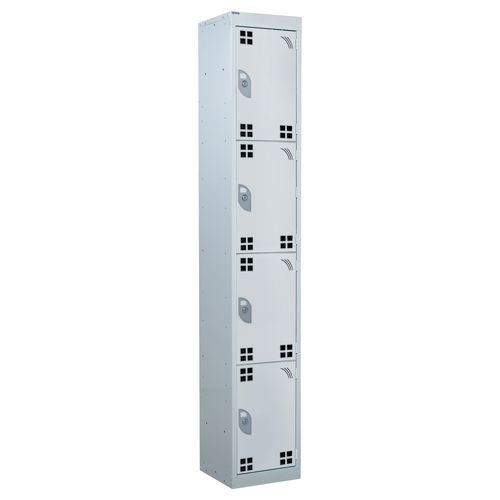 Perforated Door Tool Locker - 4 Compartments,  Standard Plug - Grey Door + Cam Lock - 1800H X 300W X 450D mm