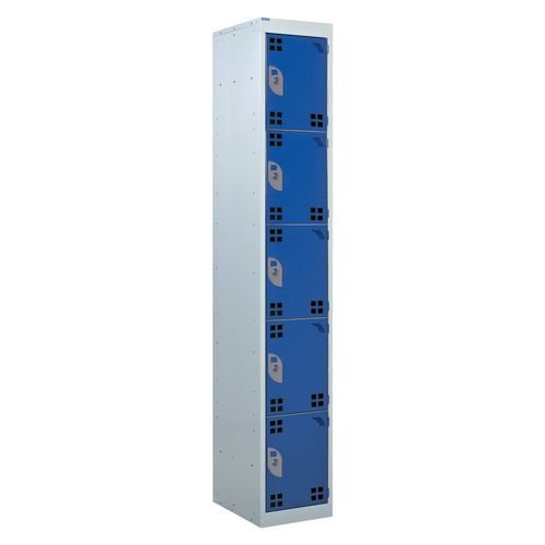 Perforated Door Tool Locker - 5 Compartments,  Standard Plug - Blue Door + Cam Lock - 1800H X 300W X 450D mm