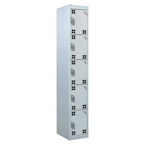 Perforated Door Tool Locker - 5 Compartments,  Standard Plug - Grey Door + Cam Lock - 1800H X 300W X 450D mm