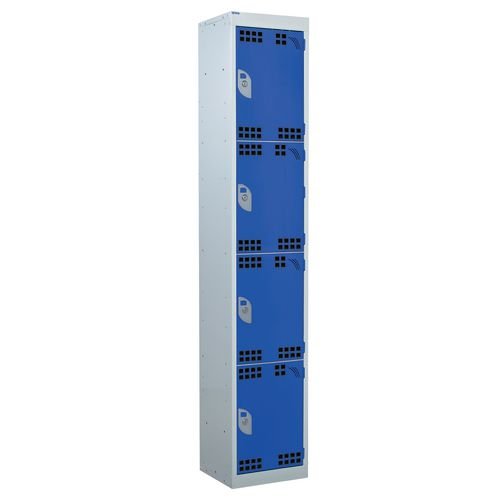 Perforated Door Tool Locker - 4 Compartments,  Standard Plug - Blue Door + Cam Lock - 1800H X 450W X 450D mm