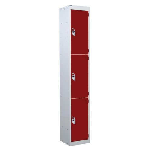 3 Door Standard Top Locker With Hasp  & Staple Lock - Red - 1800 H X 300 W X 450 D mm