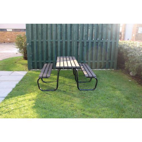 Recycled plastic outdoor picnic table with metal frame, brown