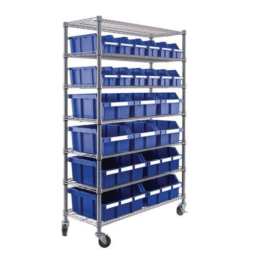 Mobile chrome plated steel wire shelving with blue bins