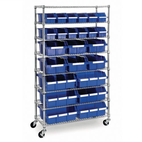 Mobile chrome plated steel wire shelving with blue bins
