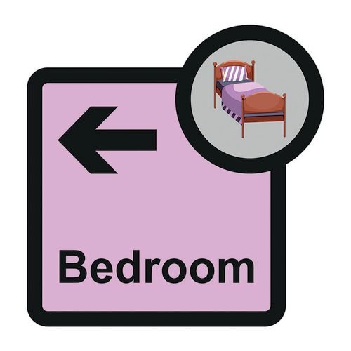 Assisted Living Sign: Bedroom  Arrow Left - S/A Fmx (305 X 310mm)