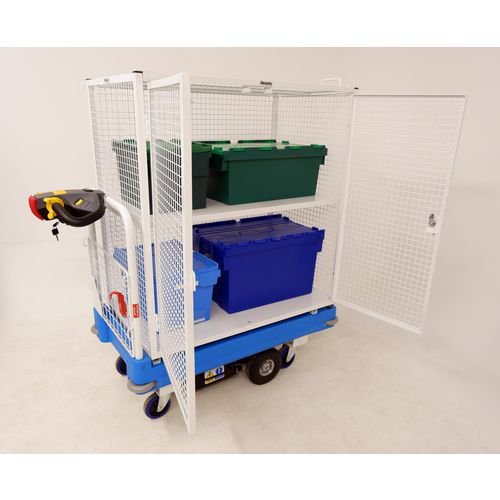 Slingsby powered Go-Far platform truck with tall 2 tier lockable security cage