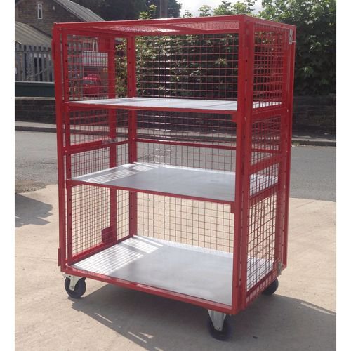 Mobile mesh security cage with adjustable steel shelves