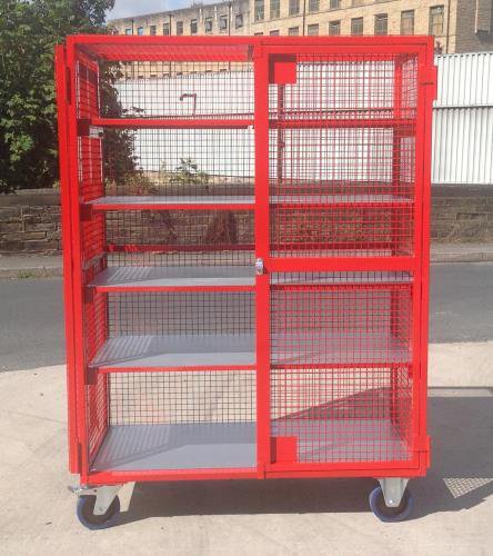 Mobile mesh security cage with adjustable steel shelves