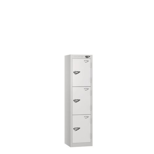 Low Tier Education 3 Door 1200  X 300 X 300 Hasp Locks Silver Body White Door
