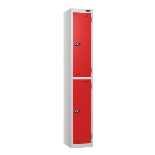 2 Tier - Steel Locker Flat Top - Pearl  Silver Body/Red Door - Cam Lock - H1800 X W300 X D450