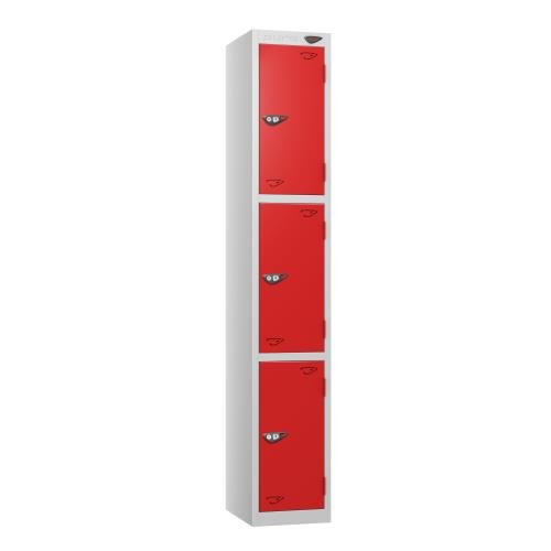 3 Tier - Steel Locker Flat Top - Pearl  Silver Body/Red Door - Cam Lock - H1800 X W300 X D450