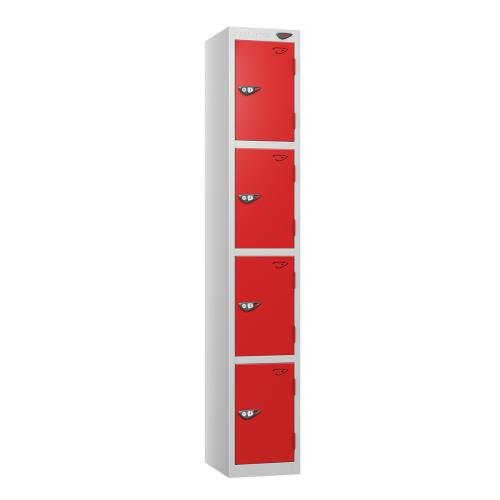 4 Tier - Steel Locker Flat Top - Pearl  Silver Body/Red Door - Cam Lock - H1800 X W300 X D450