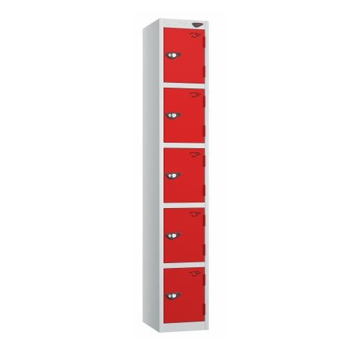 5 Tier - Steel Locker Flat Top - Pearl  Silver Body/Red Door - Cam Lock - H1800 X W300 X D450