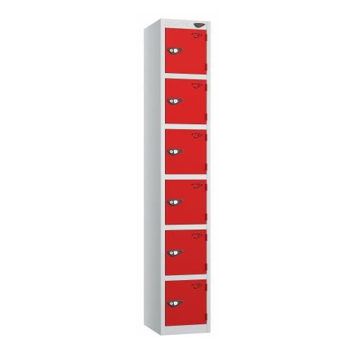 6 Tier - Steel Locker Flat Top - Pearl  Silver Body/Red Door - Cam Lock - H1800 X W300 X D450