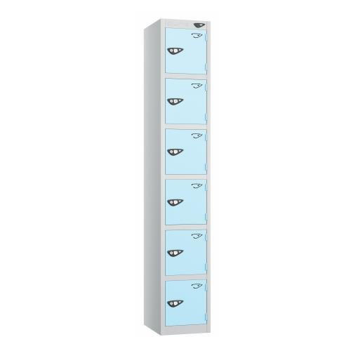 6 Tier - Steel Locker Flat Top - Pearl Silver  Body/Ribbon Blue Door - Cam Lock - H1800 X W300 X D450