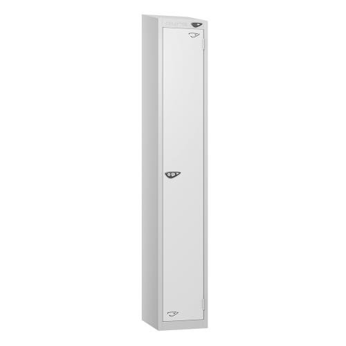 1 Tier - Steel Locker Sloping Top - Pearl  Silver Body/White Door - Cam Lock - H1950 X W300 X D450