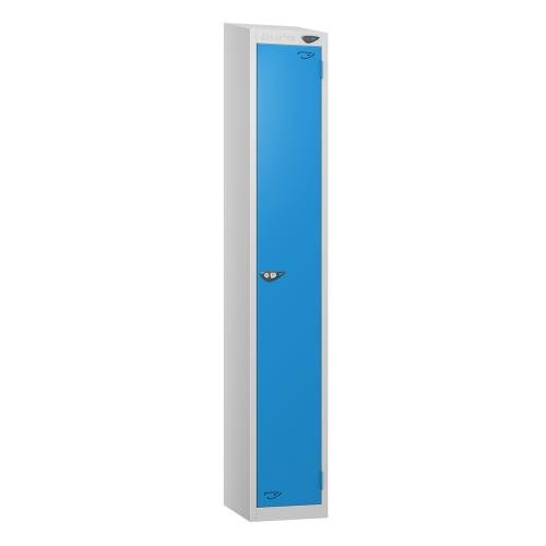 1 Tier - Steel Locker Sloping Top - Pearl  Silver Body/Cobalt  Door - Cam Lock - H1950 X W300 X D450