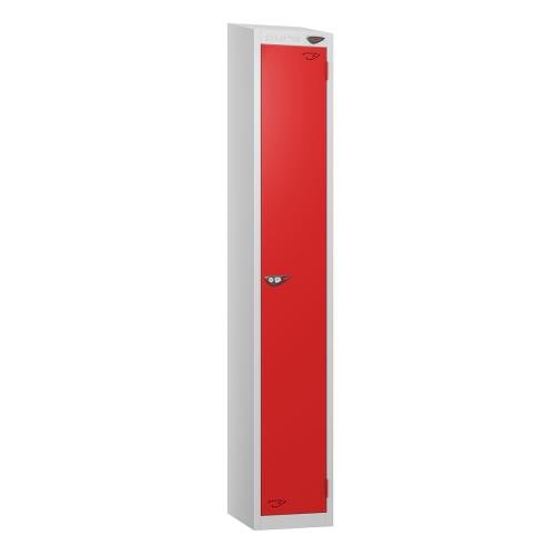 1 Tier - Steel Locker Sloping Top - Pearl  Silver Body/Red Door - Cam Lock - H1950 X W300 X D450