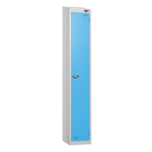 1 Tier - Steel Locker Sloping Top - Pearl Silver  Body/Cornflower Blue Door - Cam Lock - H1950 X W300 X D450