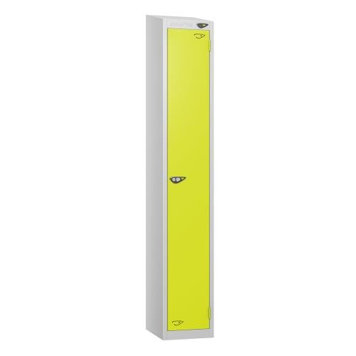 1 Tier - Steel Locker Sloping Top - Pearl  Silver Body/Lime Green Door - Cam Lock - H1950 X W300 X D450