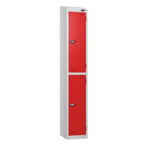 2 Tier - Steel Locker Sloping Top - Pearl  Silver Body/Red Door - Cam Lock - H1950 X W300 X D450