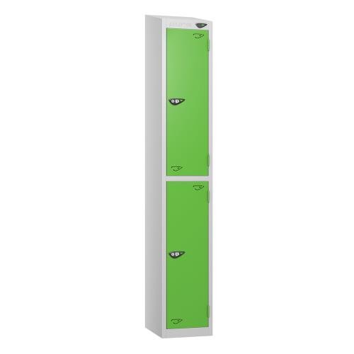 2 Tier - Steel Locker Sloping Top - Pearl  Silver Body/Green Door - Cam Lock - H1950 X W300 X D450