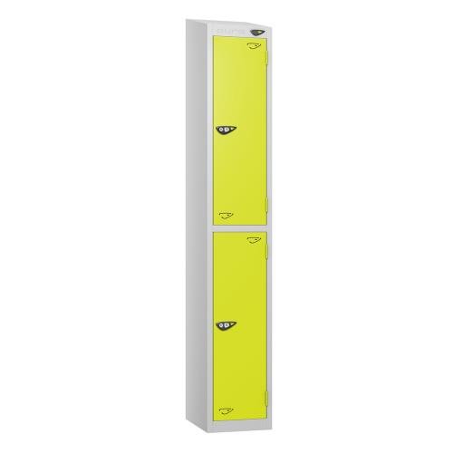 2 Tier - Steel Locker Sloping Top - Pearl  Silver Body/Lime Green Door - Cam Lock - H1950 X W300 X D450