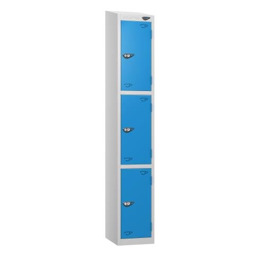3 Tier - Steel Locker Sloping Top - Pearl  Silver Body/Cobalt  Door - Cam Lock - H1950 X W300 X D450
