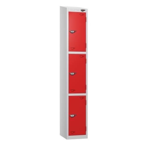 3 Tier - Steel Locker Sloping Top - Pearl  Silver Body/Red Door - Cam Lock - H1950 X W300 X D450