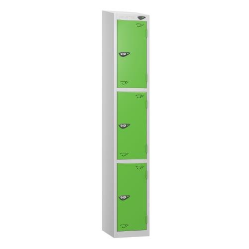 3 Tier - Steel Locker Sloping Top - Pearl  Silver Body/Green Door - Cam Lock - H1950 X W300 X D450