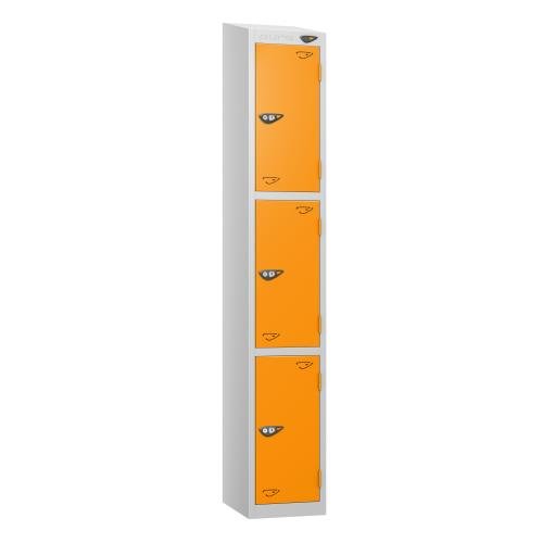 3 Tier - Steel Locker Sloping Top - Pearl  Silver Body/Orange Door - Cam Lock - H1950 X W300 X D450