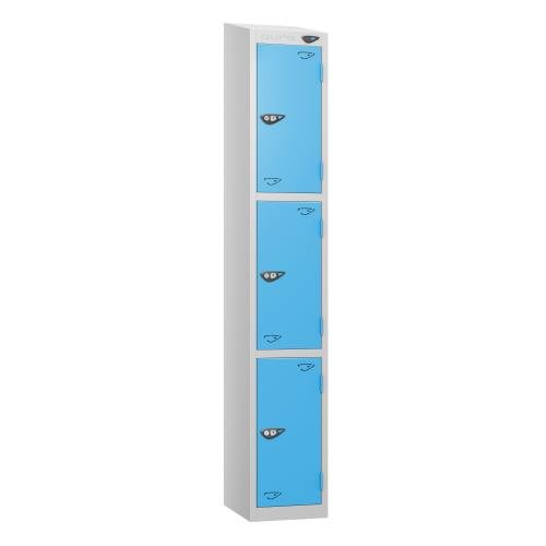 3 Tier - Steel Locker Sloping Top - Pearl Silver  Body/Cornflower Blue Door - Cam Lock - H1950 X W300 X D450