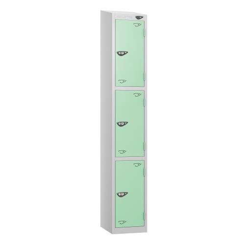 3 Tier - Steel Locker Sloping Top - Pearl  Silver Body/Mint Green Door - Cam Lock - H1950 X W300 X D450