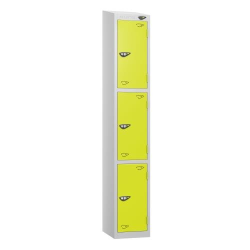 3 Tier - Steel Locker Sloping Top - Pearl  Silver Body/Lime Green Door - Cam Lock - H1950 X W300 X D450