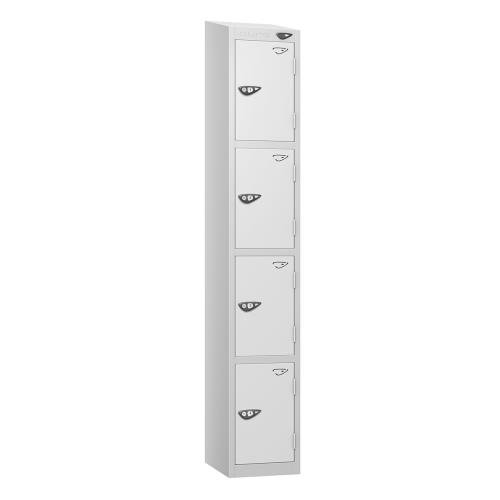 4 Tier - Steel Locker Sloping Top - Pearl  Silver Body/White Door - Cam Lock - H1950 X W300 X D450