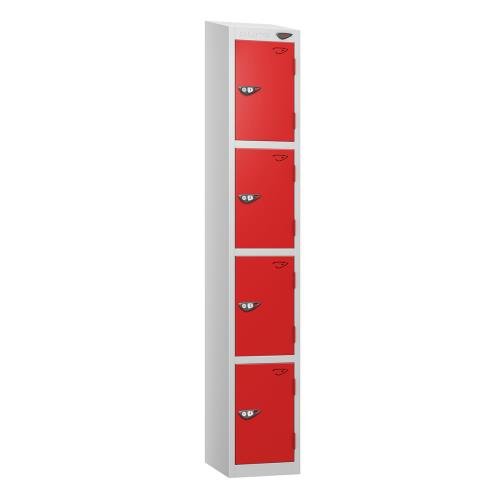 4 Tier - Steel Locker Sloping Top - Pearl  Silver Body/Red Door - Cam Lock - H1950 X W300 X D450