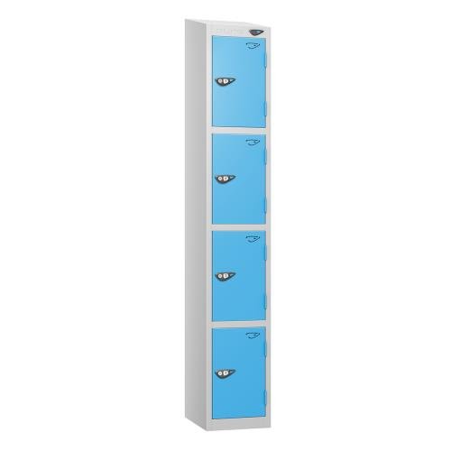 4 Tier - Steel Locker Sloping Top - Pearl Silver  Body/Cornflower Blue Door - Cam Lock - H1950 X W300 X D450