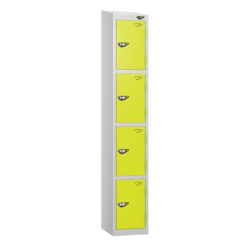 4 Tier - Steel Locker Sloping Top - Pearl  Silver Body/Lime Green Door - Cam Lock - H1950 X W300 X D450