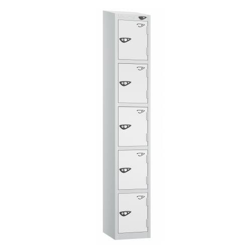 5 Tier - Steel Locker Sloping Top - Pearl  Silver Body/White Door - Cam Lock - H1950 X W300 X D450