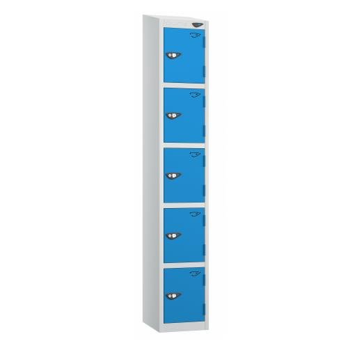 5 Tier - Steel Locker Sloping Top - Pearl  Silver Body/Cobalt  Door - Cam Lock - H1950 X W300 X D450