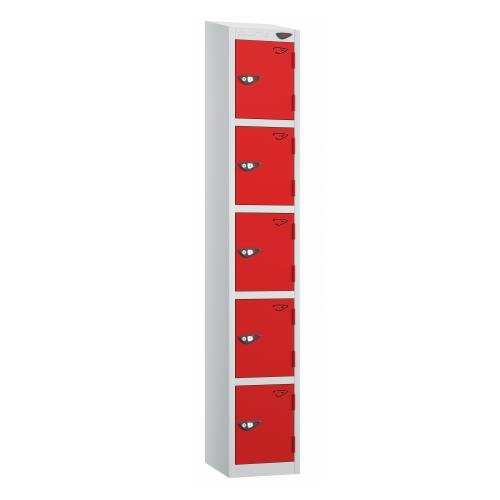 5 Tier - Steel Locker Sloping Top - Pearl  Silver Body/Red Door - Cam Lock - H1950 X W300 X D450