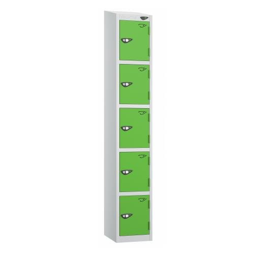 5 Tier - Steel Locker Sloping Top - Pearl  Silver Body/Green Door - Cam Lock - H1950 X W300 X D450