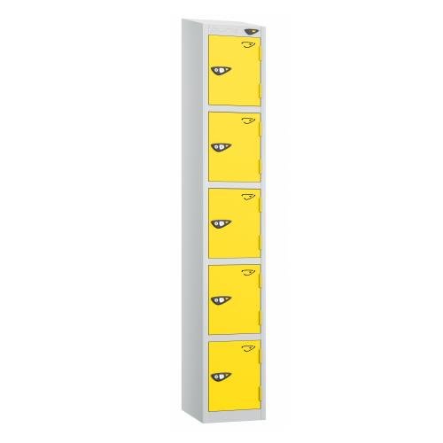 5 Tier - Steel Locker Sloping Top - Pearl  Silver Body/Yellow Door - Cam Lock - H1950 X W300 X D450