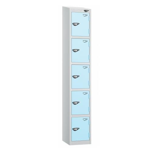 5 Tier - Steel Locker Sloping Top - Pearl  Silver Body/Ribbon Blue Door - Cam Lock - H1950 X W300 X D450