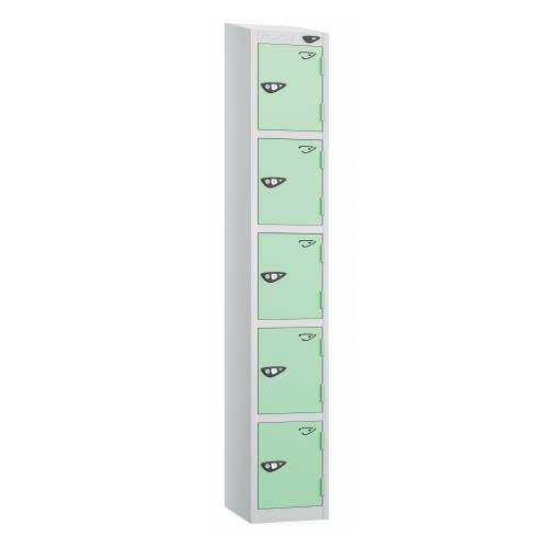 5 Tier - Steel Locker Sloping Top - Pearl  Silver Body/Mint Green Door - Cam Lock - H1950 X W300 X D450