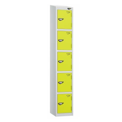 5 Tier - Steel Locker Sloping Top - Pearl  Silver Body/Lime Green Door - Cam Lock - H1950 X W300 X D450