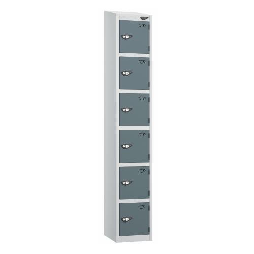 6 Tier - Steel Locker Sloping Top - Pearl  Silver Body/Slate Grey Door - Cam Lock - H1950 X W300 X D450