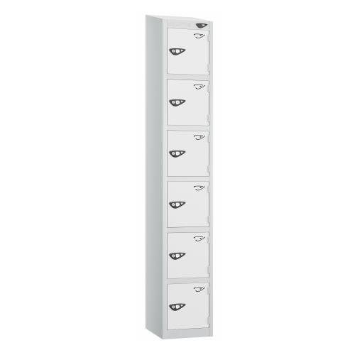 6 Tier - Steel Locker Sloping Top - Pearl  Silver Body/White Door - Cam Lock - H1950 X W300 X D450