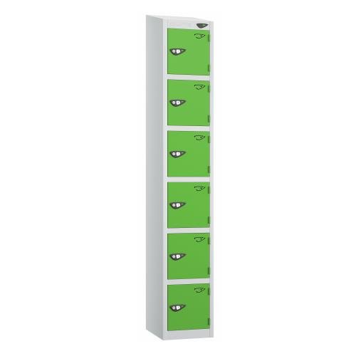 6 Tier - Steel Locker Sloping Top - Pearl  Silver Body/Green Door - Cam Lock - H1950 X W300 X D450