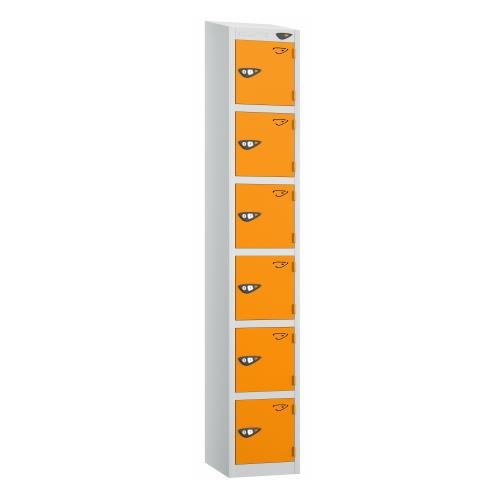 6 Tier - Steel Locker Sloping Top - Pearl  Silver Body/Orange Door - Cam Lock - H1950 X W300 X D450